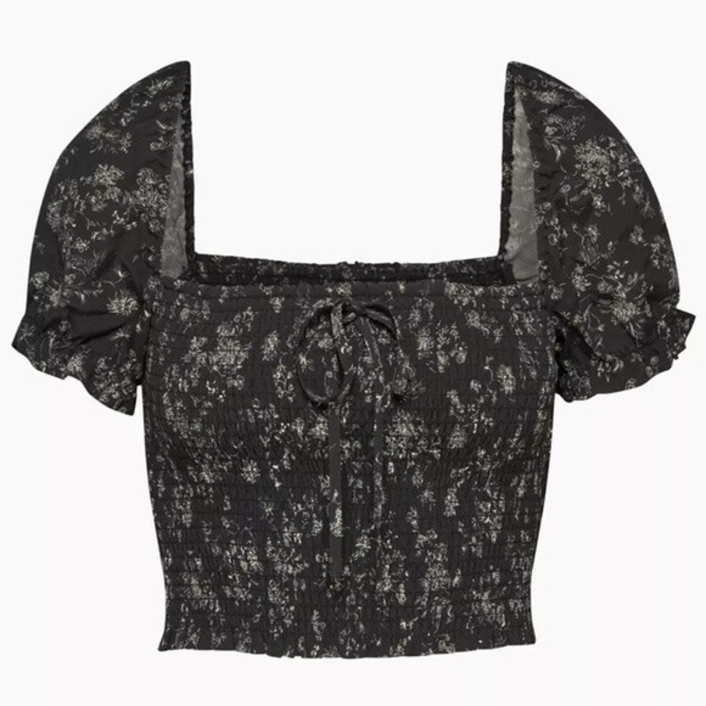 Aritzia Black Floral Puff Sleeve Blouse